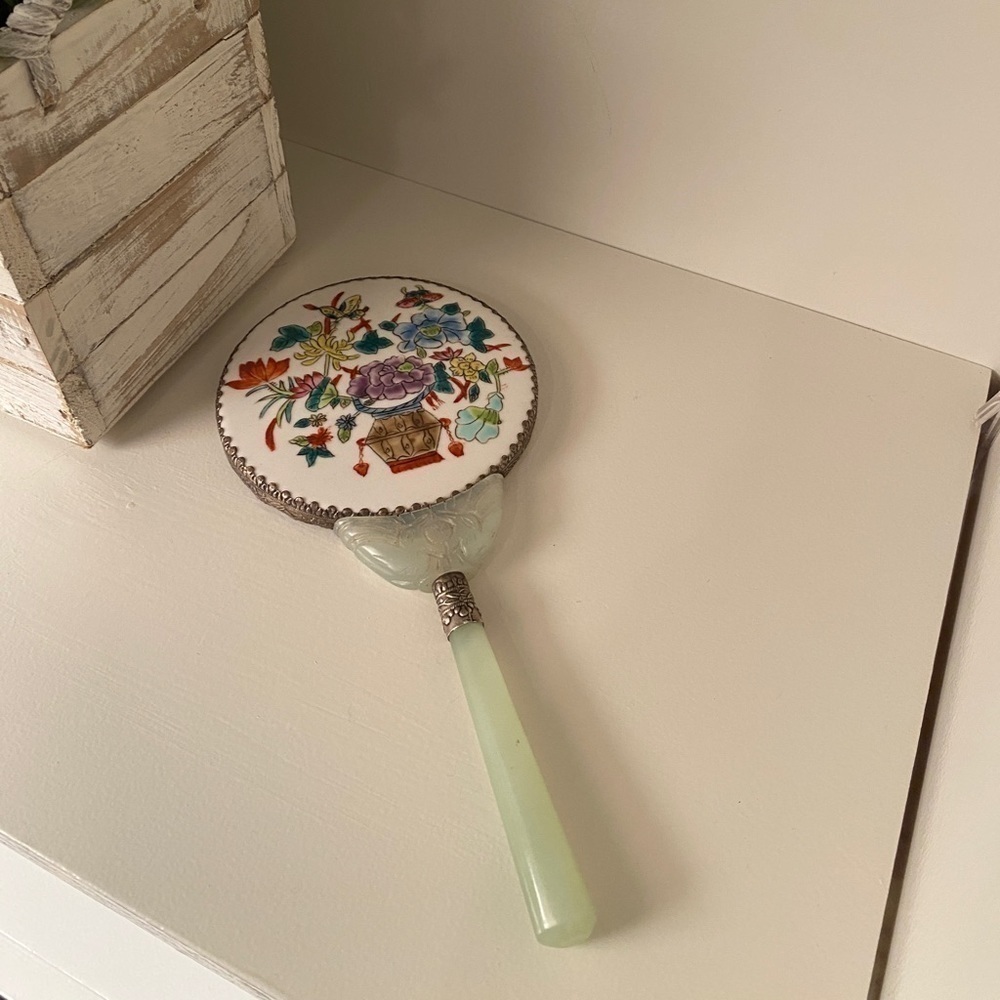 Chinese Vintage Hardstone and Porcelain Vanity Mirror Early 20th Century